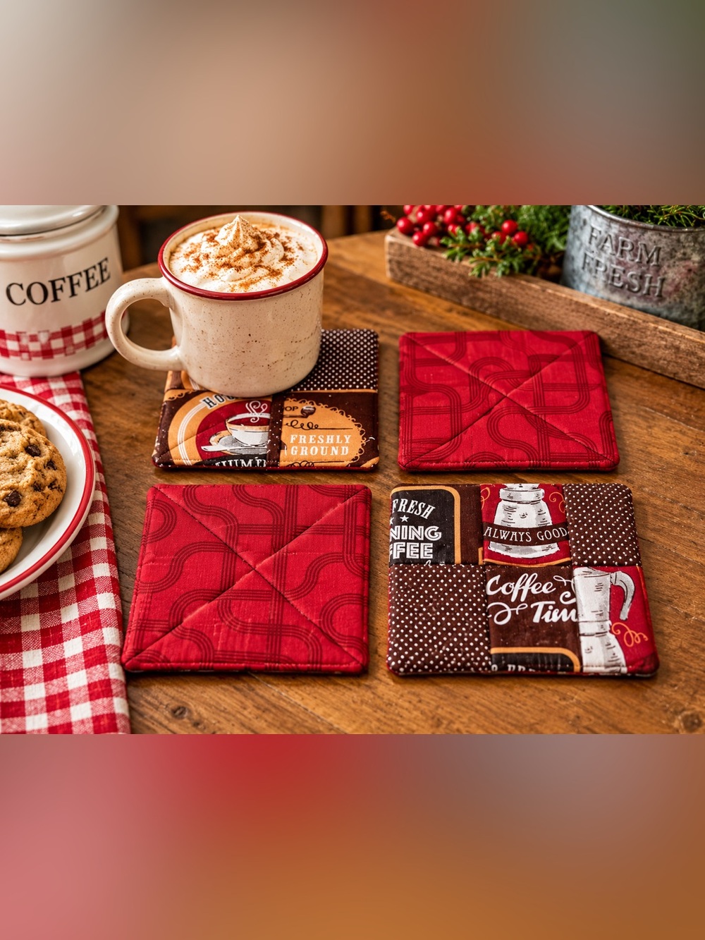 ☕ Handmade Coffee-Themed Quilted Coasters – Set of 4